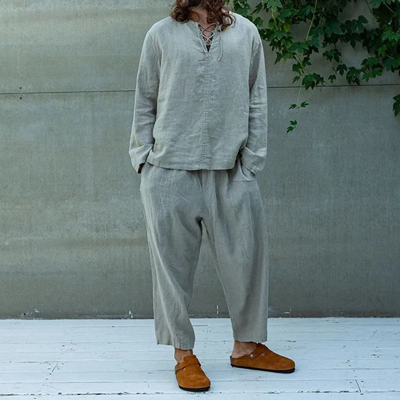 

Tracksuit Outfits Men New Fall Casual Cotton Linen Set Fashion Pure Color Summer Loose Long Sleeve Tees Long Pants Suit Menswear