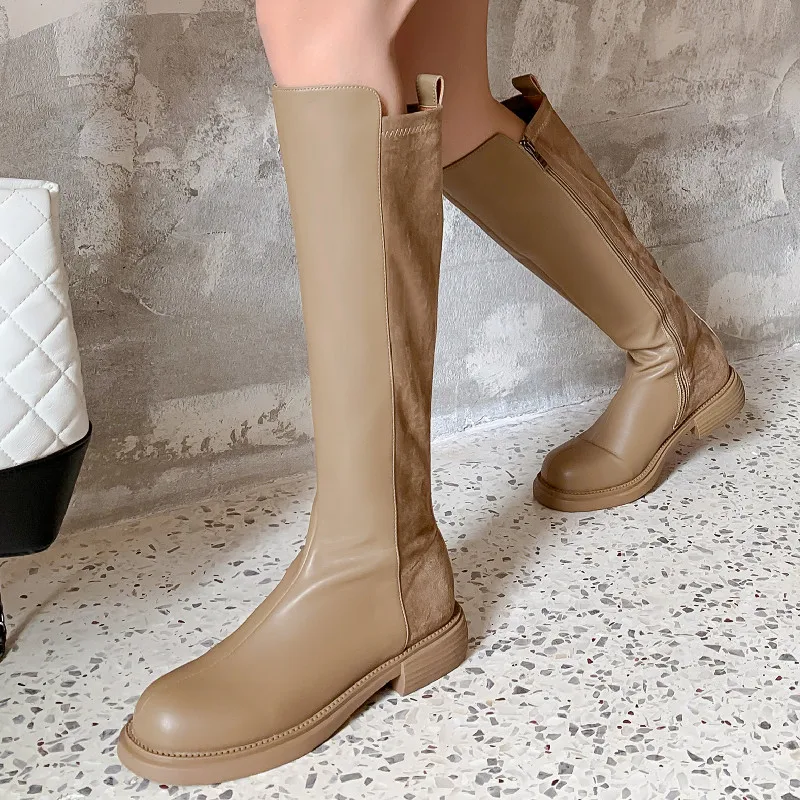 

Dilalula Autumn Winter Women Knee High Boots Fashion Splicing Genuine Leather Concise Low Heels Shoes Woman Casual Long Boots