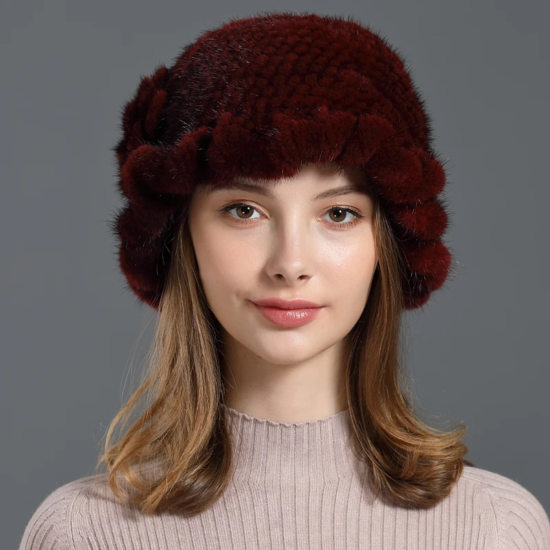 Вязаные модные шапки из натурального меха норки для зимы с цветочным дизайном