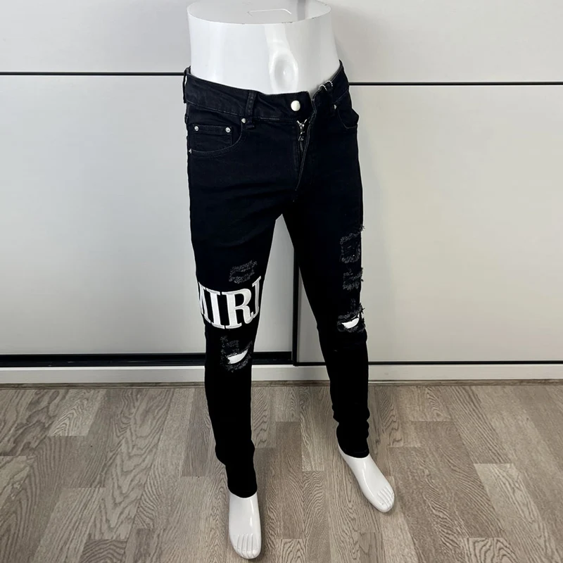 High Street Fashion Men Jeans Black Color Elastic Stretch Skinny Ripped Jeans Men Brand Patches Designer Hip Hop Pants Hombre