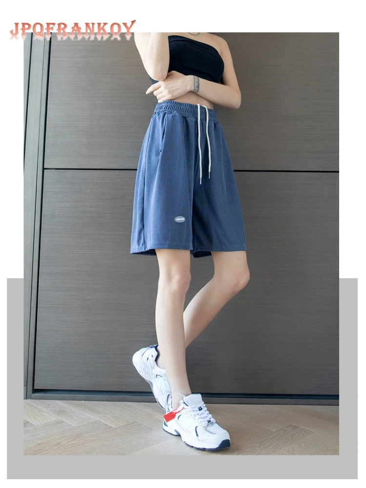 2022 Summer Ice Silk Short Pants Women Loose High Waist Appliques Solid Color Slim Thin Casual Wide Leg Drawstring
