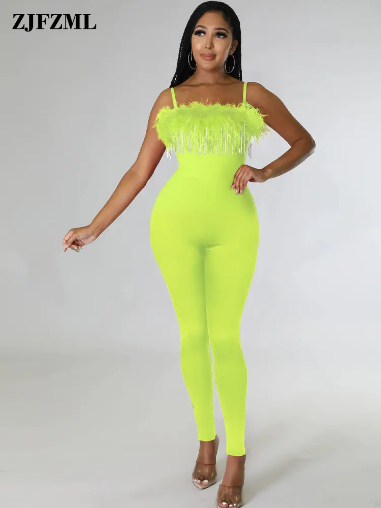 

Comfy Feather Tassel Spliced Rompers Womens Jumpsuit Elegant Fashion Spaghetti Strap Sleeveless Backless Fitness Bodycon Outfits