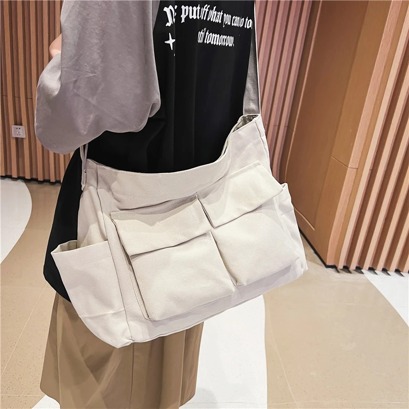 Large Capacity Schoolbag for Student Messenger Bag Canvas Solid Color Simple Shoulder Bags for Women Multi Pocket Handbag Sac