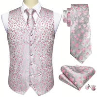 pink floral silk vest waistcoat men slim suit vest silver necktie handkerchief cufflinks tie vest barry wang business design