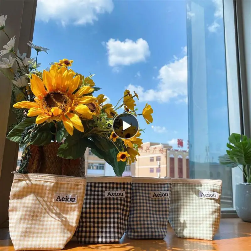 

Tide Cosmetic Bag Portable Handbag Canvas Purse In Hand Storage Bag Plaid Mini