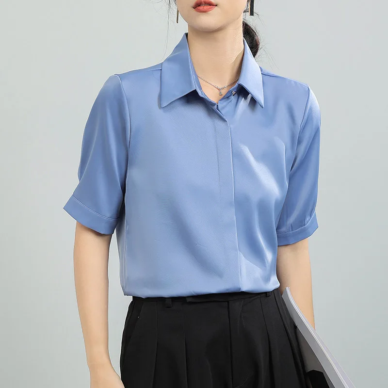 Деловая Синяя Женская рубашка для офиса Модные свободные топы работы шифоновые