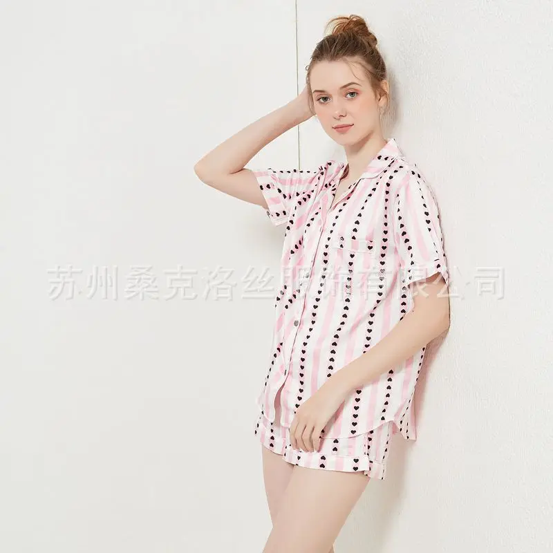 Summer Pink Heart Pajamas Women Short Pajamas Silk Satin Sleepwear Set Sleep Tops Pants Lounge Wear Pjs Loungewear Home Clothes