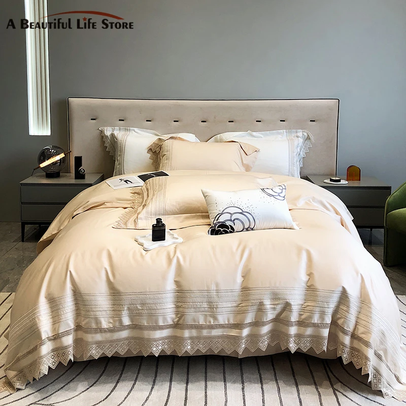 

Autumn Winter Champagne Bedding Set 1000TC Egyptian Cotton Cutout Embroidery Lace Edge Duvet Cover Set Bed Sheet Pillowcases