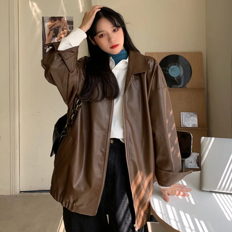 2022Leather Jacket Women's Autumn and Winter New Korean Version of The Retro Hong Kong Style Loose All-Match Brown Jacket Jacket
