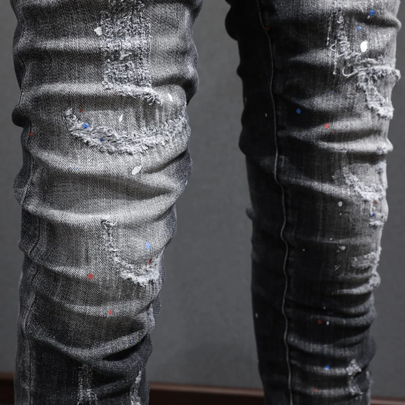 Модные дизайнерские мужские черные серые джинсы потертые эластичные облегающие