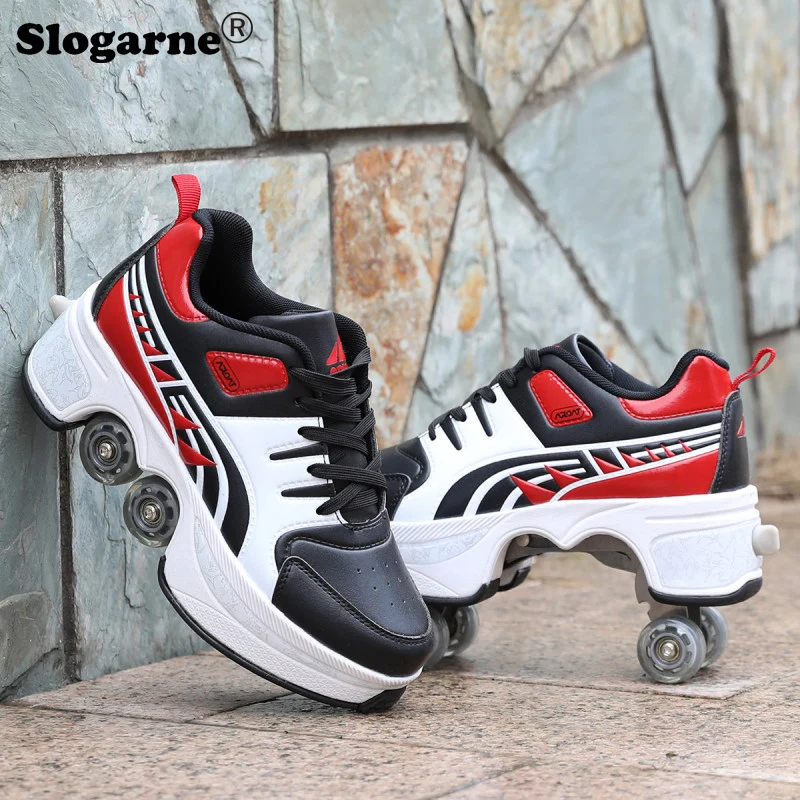 

Kid's Four Wheels Roller Skates Two Rows Dual Use Skate Walking Boy Girl Casual Sneakers Men Sports Leather Shoes Inline Skates