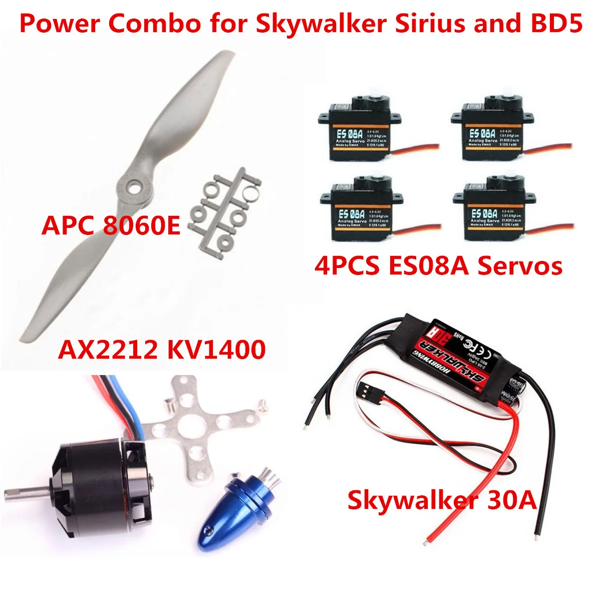 Комплект питания для Skywalker Sirius и BD5 (AX2212 kv1400 Motor APC8060E prop 30A ESC 4xES08A Servos) - купить по