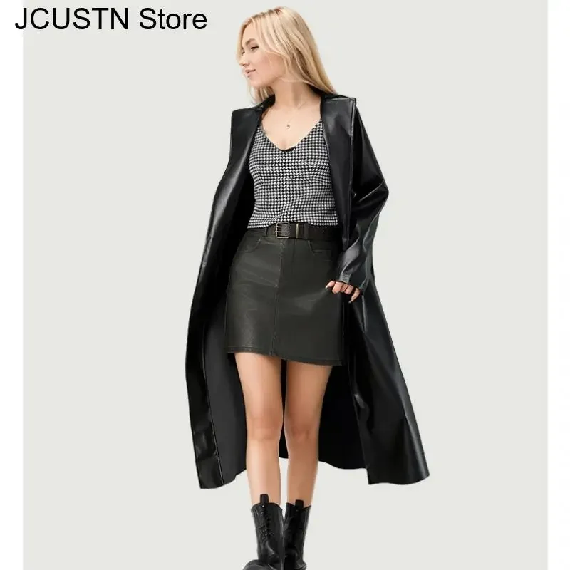 Длинный женский плащ из искусственной кожи