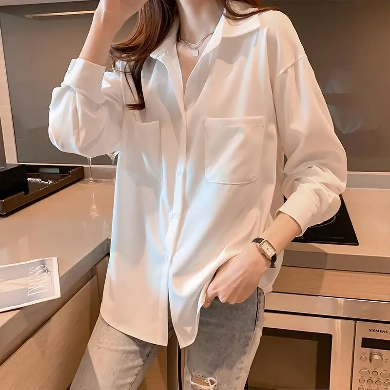 Profession Office Double Pocket Single-breasted White Blouse Women New Long Sleeve Classic Polo Collar Fashion All-match Shirt