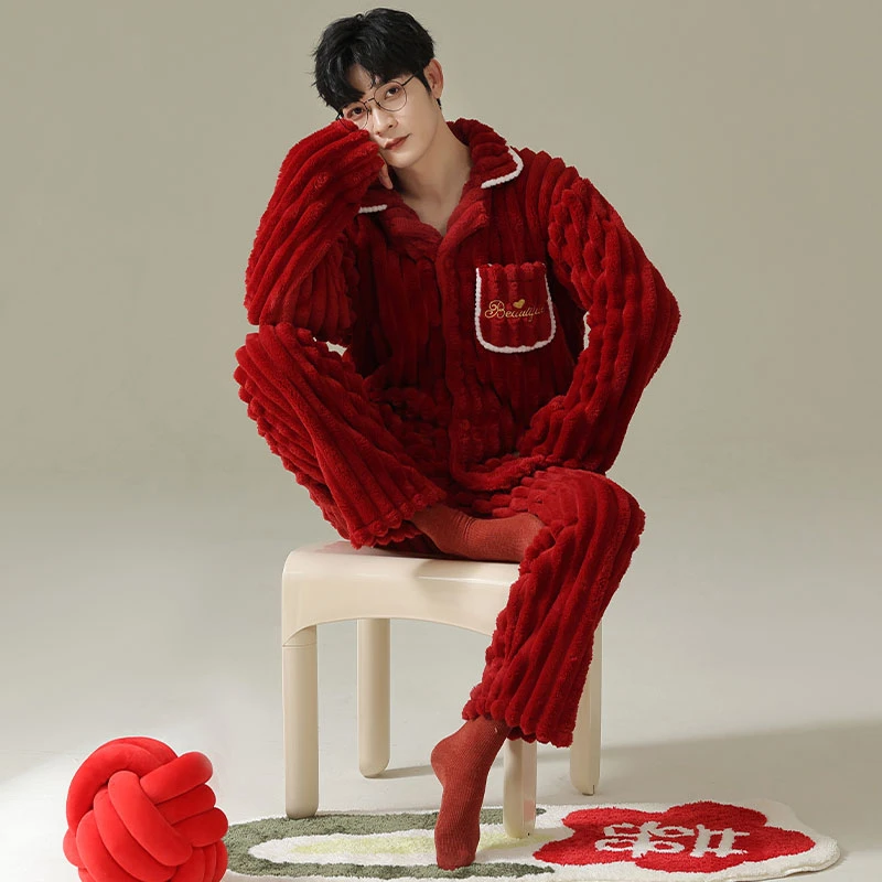 

Men Pajamas Sets Winter Pyjamas Male Thick Flannel Long-sleeved Cardigan Man Homewear Large Size Men Christmas Big Red Sleepwear
