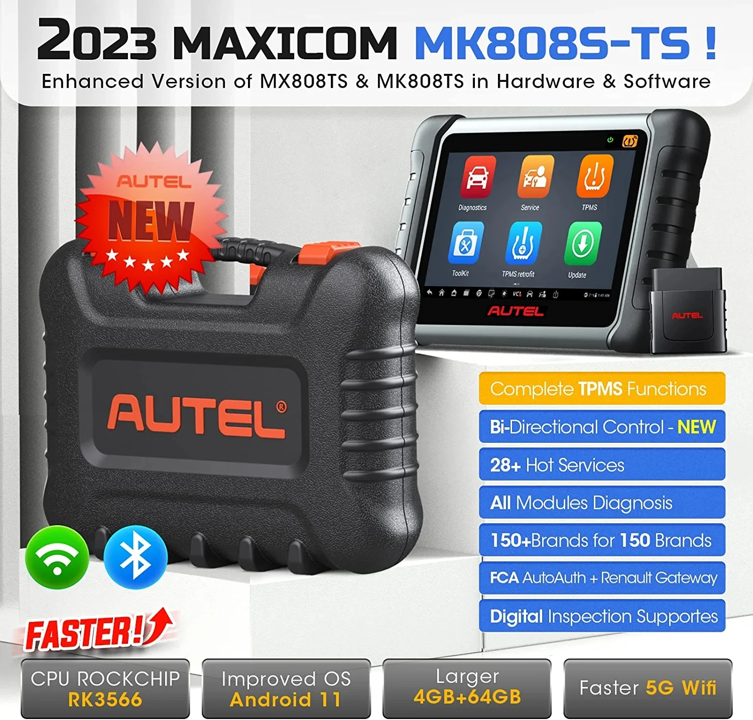 Autel MaxiCOM MK808S-TS OBD2 сканер двунаправленный OE-уровень TPMS Программирование Bluetooth
