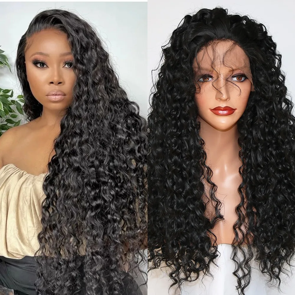 

Heat Friendly Synthetic Hair Lace Front Water Wave Wigs for Black Women Transparent Lace Pink Burgundy Color In Stock