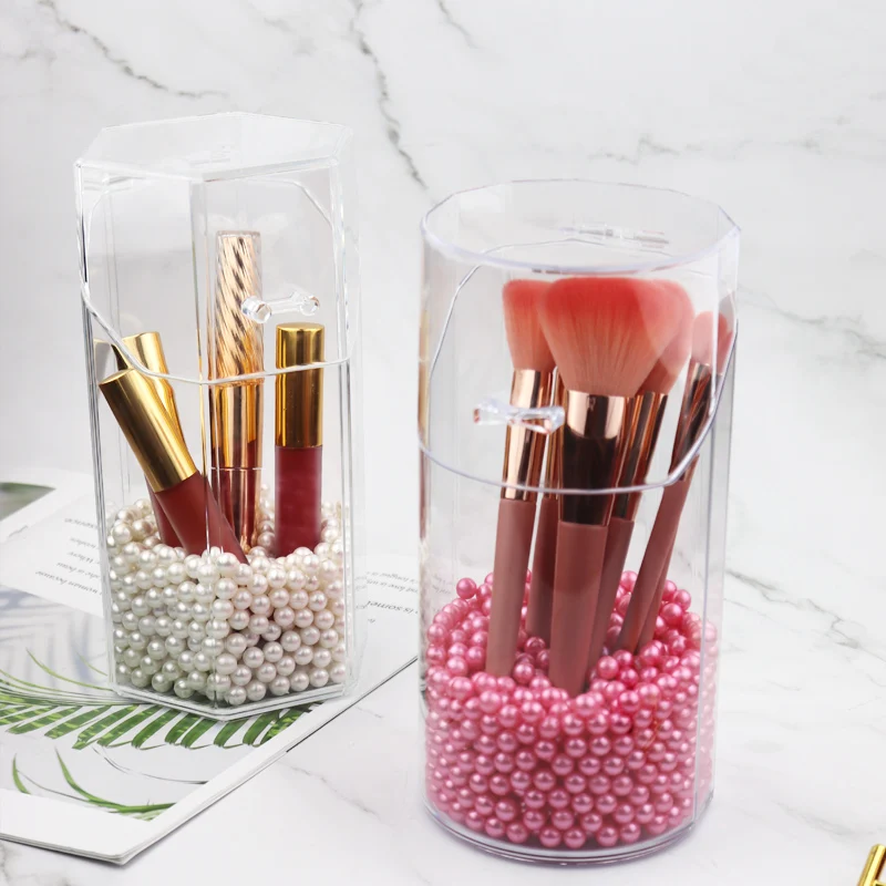 Transparent acrylic makeup brush holder, flip cover dustproof makeup brush bucket, lipstick storage box, square pearl makeup box
