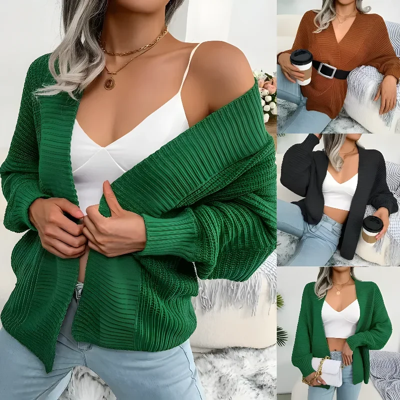 

New Autumn and Winter Casual Bat Long-sleeve Loose Cardigan Sweater Coat V Neck Ribbed Solid Color Fashion Knitted Womens Top