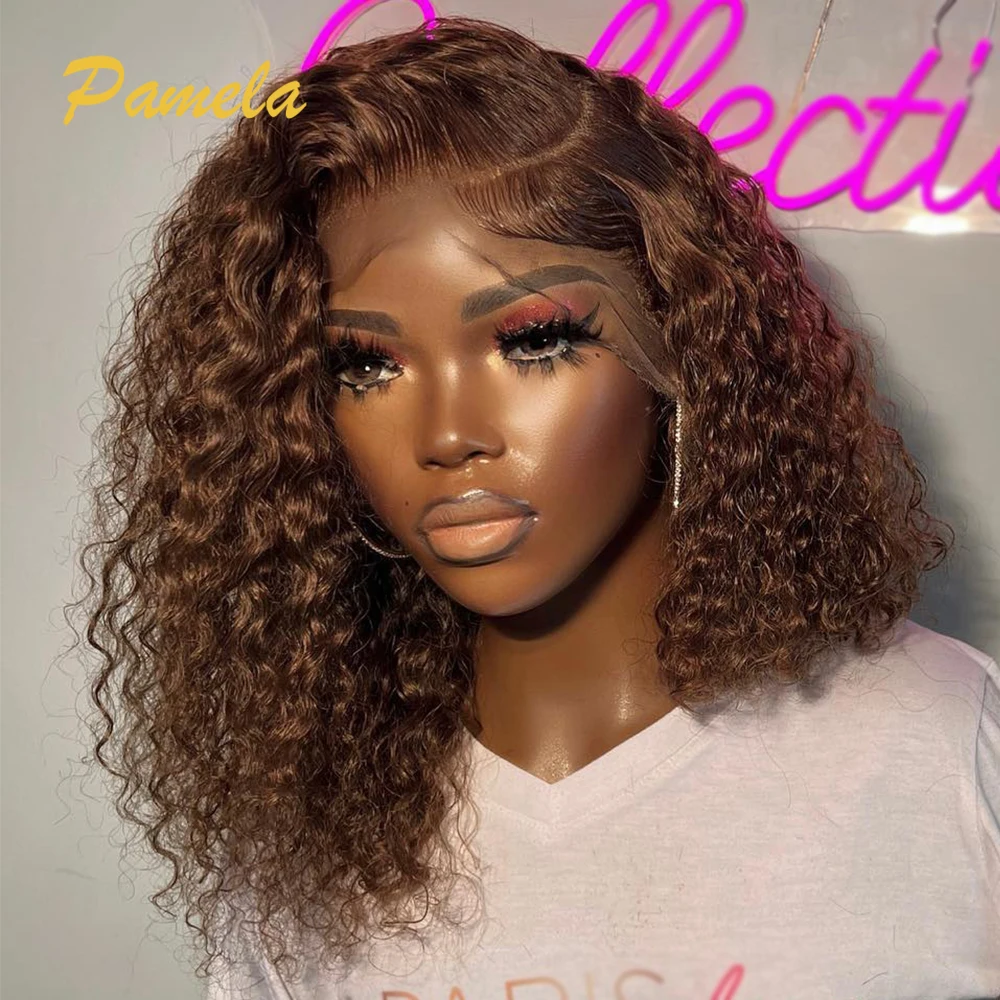 

13x4 Brown Colored Short BOB Lace Front Human Hair Wigs Brazilian Curly Bob 180% Density Transparent Lace Frontal Wigs For Women