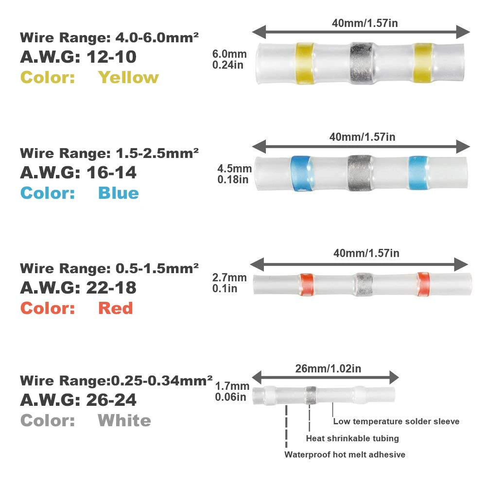 Комплект термоусадочных наконечников для соединения проводов пайкой (10/20/40/50 штук) водонепроницаемый.