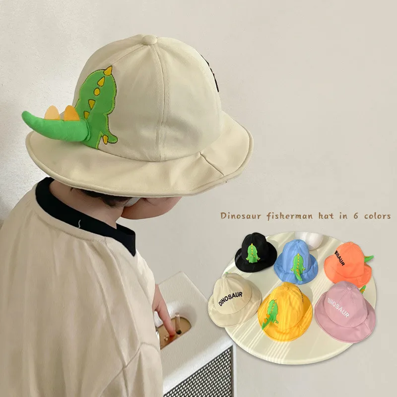 5-24 Month Baby Hat Cute Cartoon Dinosaur Tail Bucket Hat for Toddler Boy Girl Kawaii Soft Cotton Windproof Tie Fishmen Hat