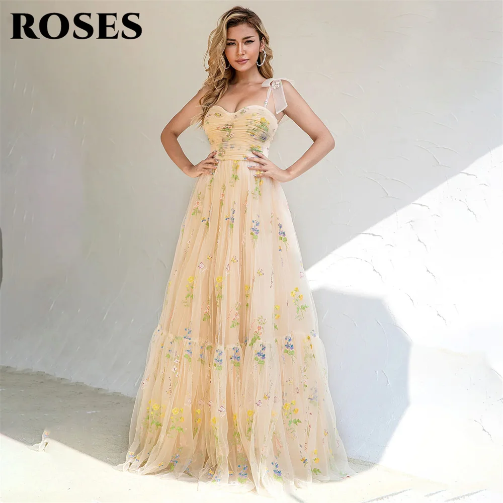 

ROSES A Line Spaghetti Straps Champagne Prom Dress With Appliques Sweetheart Neck Corset Evening Dresses Custom robes de soirée