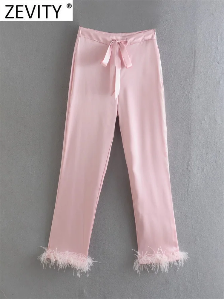 

Zevity Women Fashion Bow Tied Hem Feathers Casual Pink Pants Female Chic Zipper Fly Long Trousers Pantalones Mujer P493