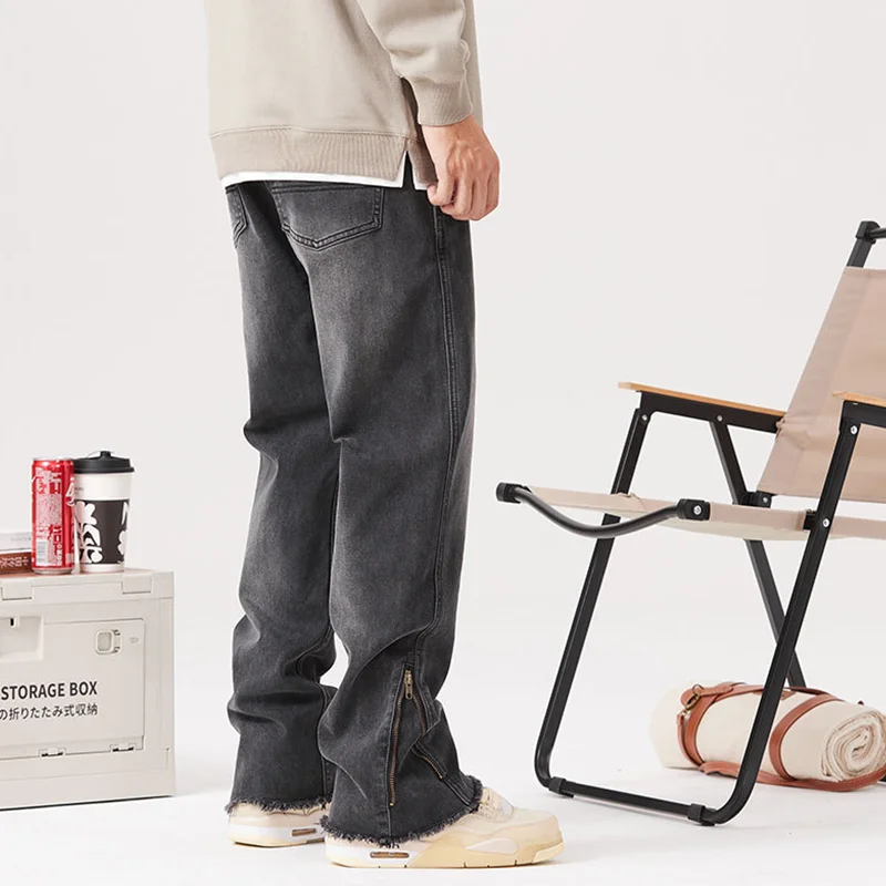 Streetwear Men 2022 Fashion  New Pattern Vintage Black Mopping The Floor Pants Zipper At Hem Denim Wide Leg Pants Autumn Female