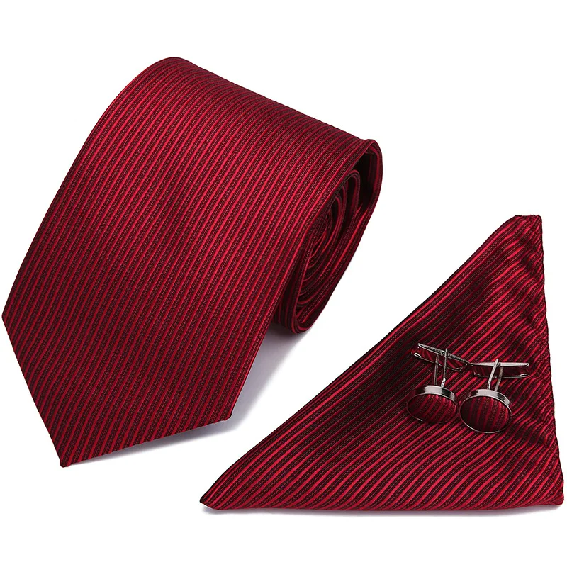 

7.5cm Neckties 3-Piece Luxurious Checkered Stripe Square Towel Cufflinks Red Ties Bussiness Wedding Party Blouse Accessorie Gift