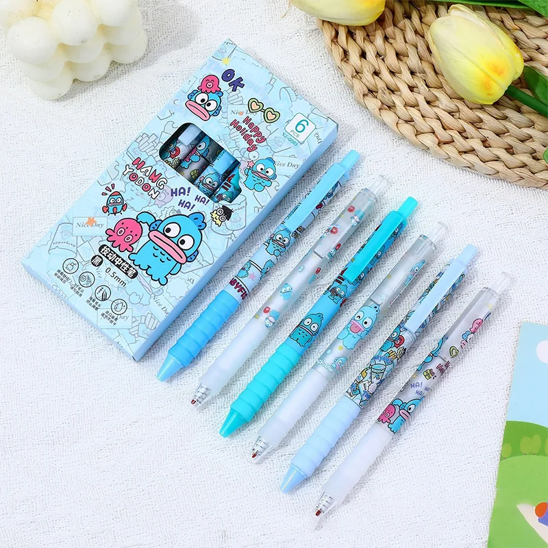 Фото Набор из 4/6 шт. в коробке: ручки Sanrio «Уродливая рыбка» с нейтральными чернилами, нажимные, с мультяшным дизайном, для студентов, с рисунком русалки, для экзаменов, черные, быстросохнущие. №1