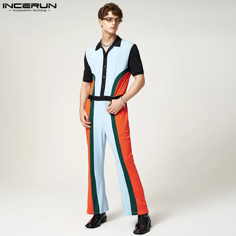 

INCERUN Men Jumpsuits Patchwork Lapel Short Sleeve Button Streetwear Casual Rompers 2022 Fashion Leisure Mens Overalls S-5XL