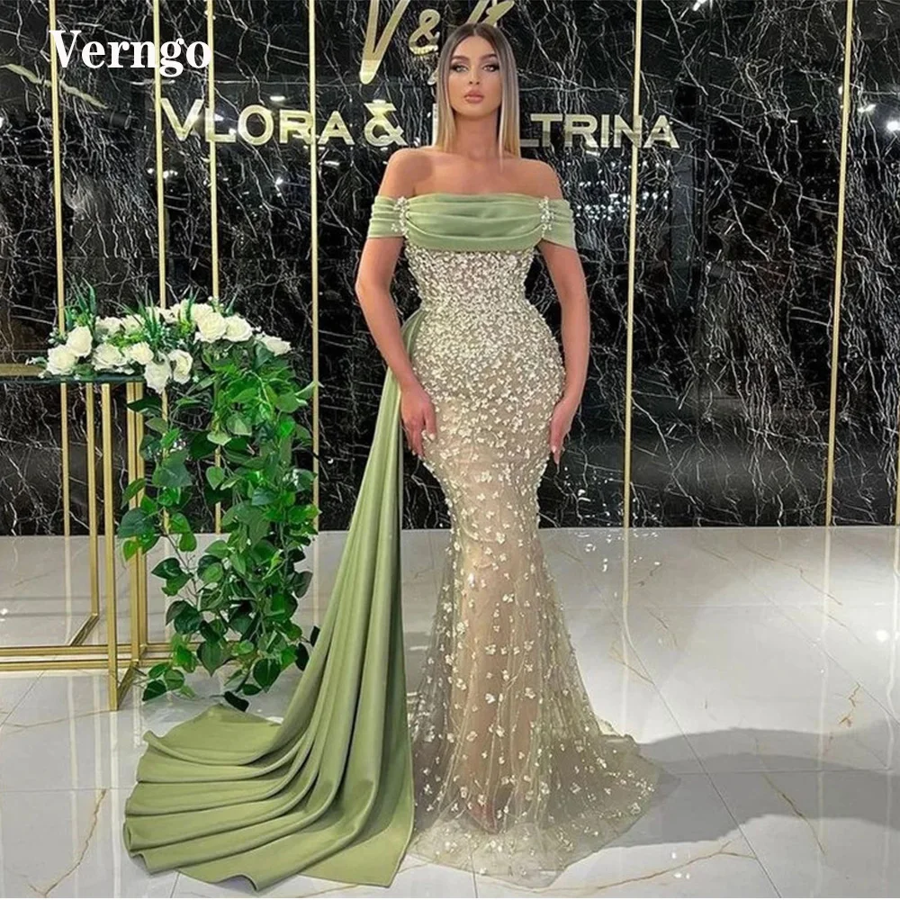 

Verngo 2022 New Light Green 3D Flowers Lace Mermaid Evening Dresses With Attachable Overskirt Off Shoulder Dubai Women Prom Gown