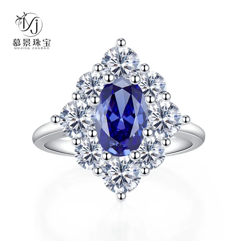 

Jewelry Hot Selling 925 Sterling Silver Ring Women's Versatile Light Luxury Personality Egg shaped Sapphire Deluxe Surrounded Di