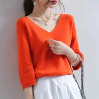 summer new fashion wool sweater womens v neck loose bottoming knitted sweater five point sleeve all match top thin section