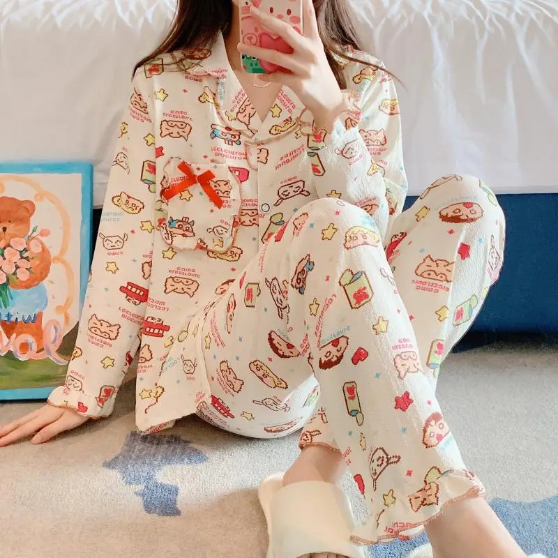 

Crayon Shinchan Gauze Pajamas Suit Kawaii Cartoon Print Sanrio Kuromi Pochaccoh Home Service Breathable Soft Pajamas Home Pajama