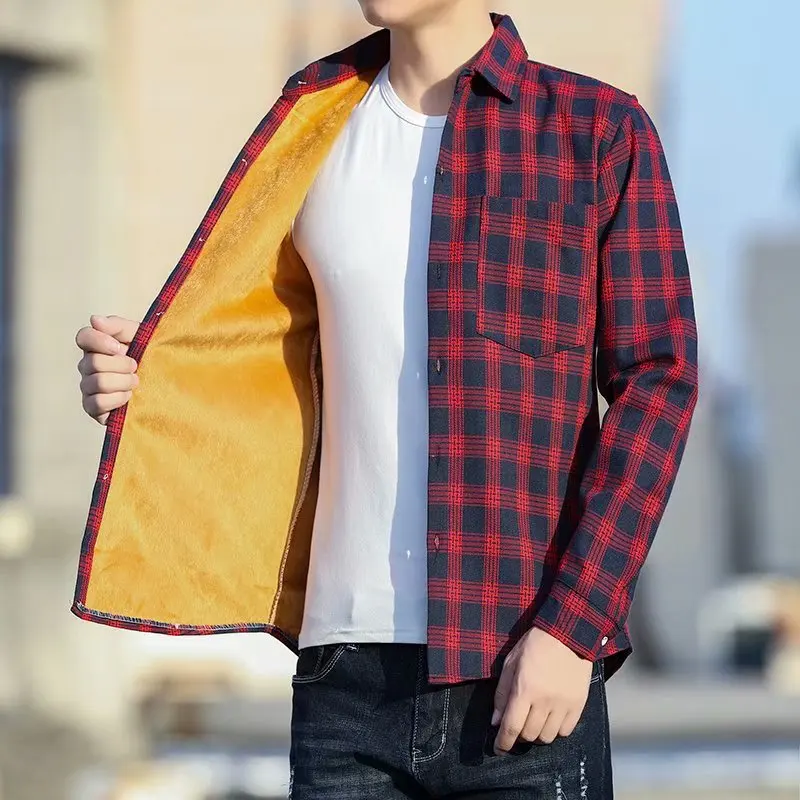 Plus Velvet All-match Long-sleeved Plaid Shirt Men's Winter Thick Style Korean Casual Hong Kong Style Shirt Student Loose Jacket