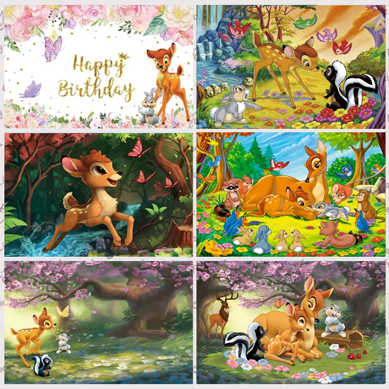 

Disney Bambi Backdrop Pink Flowers Butterfly Photography Background For Baby Shower Girls Happy Birthday Party Banner Decor
