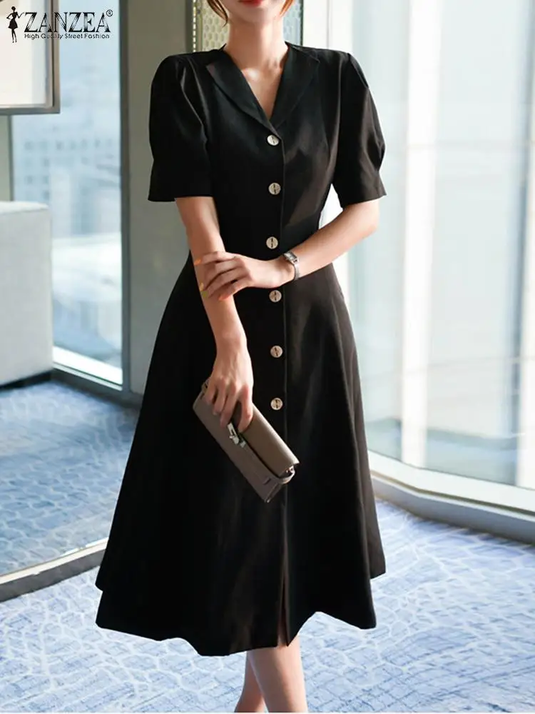 

ZANZEA Elegant Solid Color Vestidos Women Midi Dress Office Lady Fashion Temperament Short Puff Sleeve V Neck Robe Buttons Dress