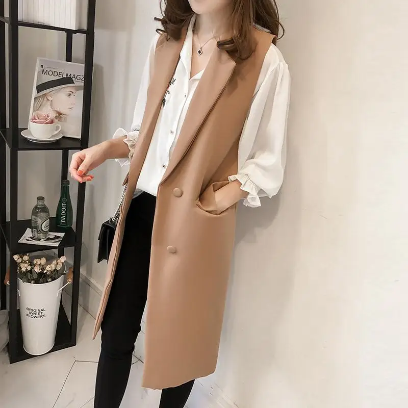 

New Woman Fashion Long Vest Spring Female Elegant Sleeesveless Jacket Ladies Casual Solid Slim Cardigan Waistcoat Jacket G10