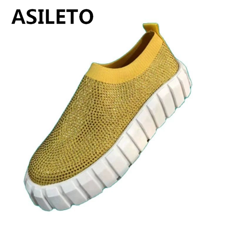 

ASILETO 2022 новые женские кроссовки на платформе с круглым носком со стразами модные повседневные Большие размеры 36-43 черные желтые спортивные ...