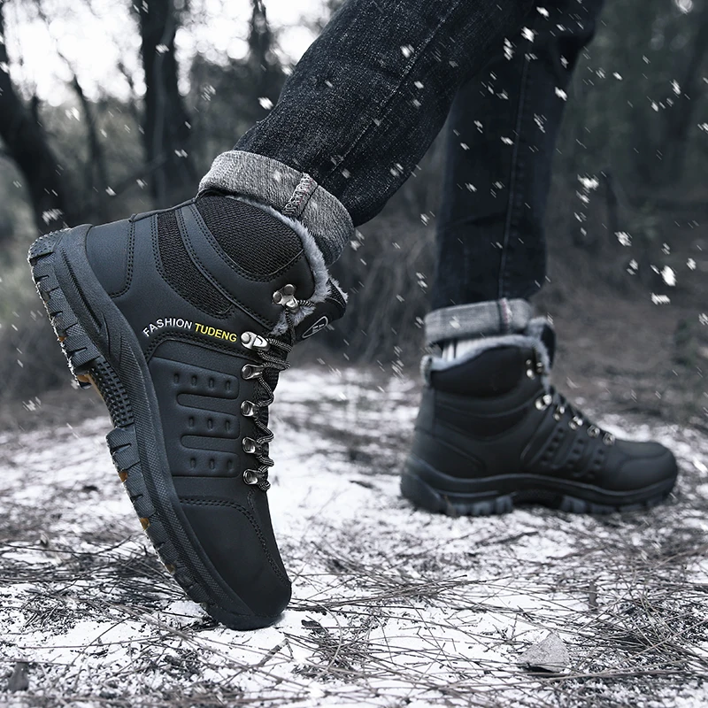 STRONGSHEN Men Outdoor Waterproof Hiking Boots Non-slip Warm Fur Walking Climbing Shoes Mountain Sport Boot Hunting Men Sneakers