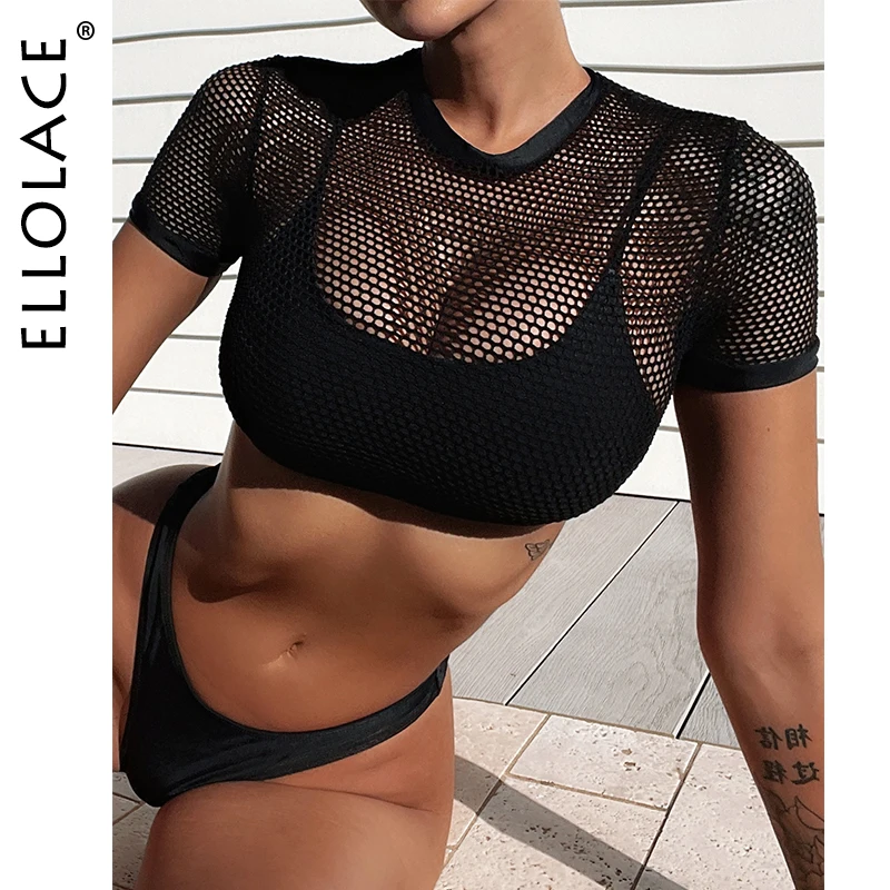 

Ellolace Swimwear With Mesh Tops Swimsuit 2022 New Bikini Set Black Solid Feminine Bikinis Separate Bathing Suit Beach Outfits