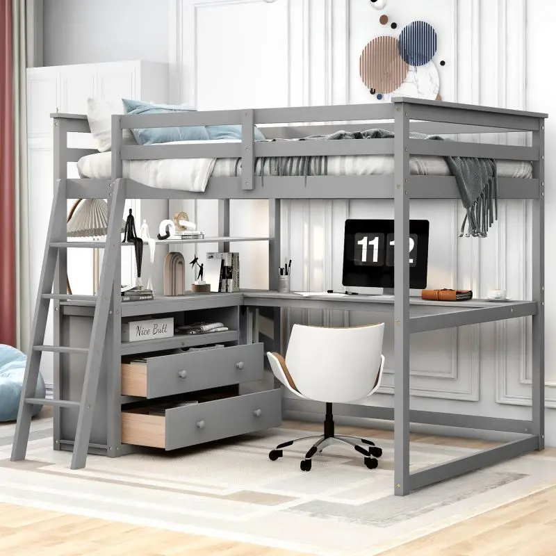 

Full Size Loft Bed with Desk and Shelves,Two Built-in Drawers Gray student children sleep bed