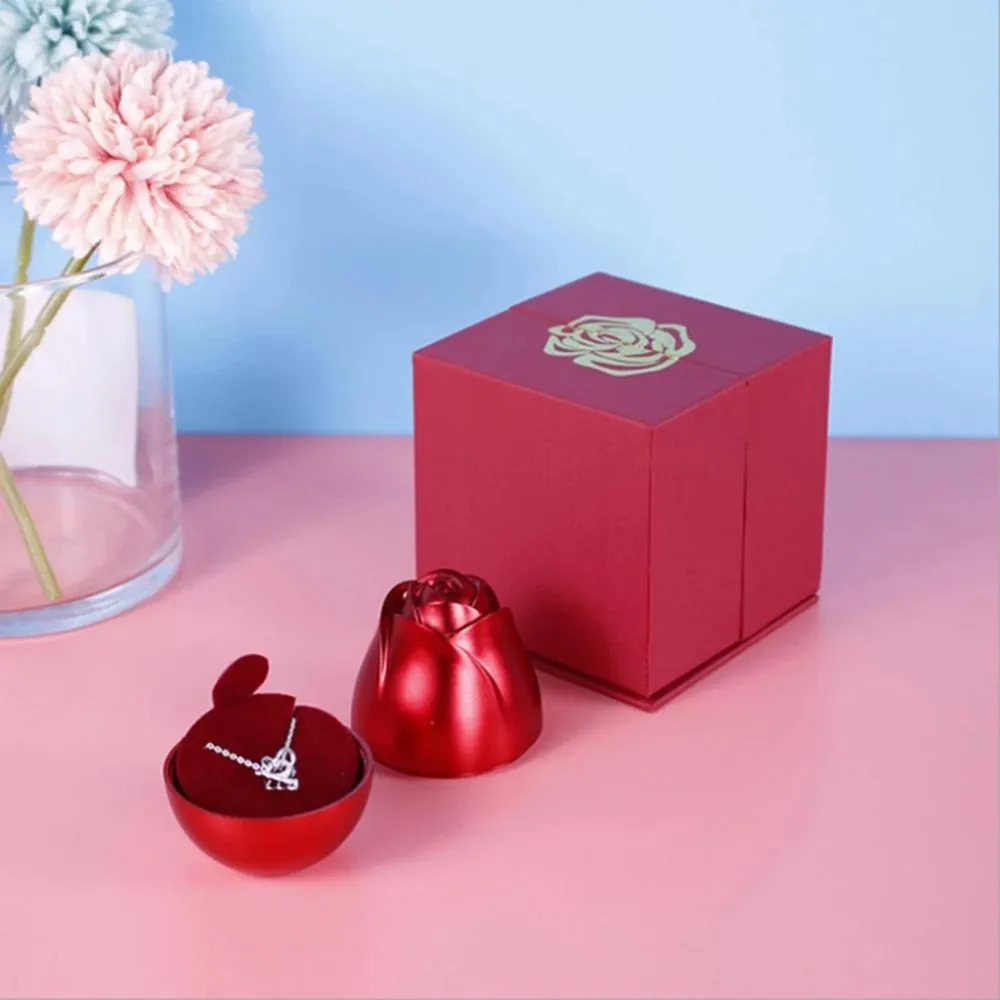 

Red Metal Rose Jewelry Gift Box creative Double Ring Necklace Rose Flower Gift Boxes Holder for Wedding Valentine's Day Ring Box