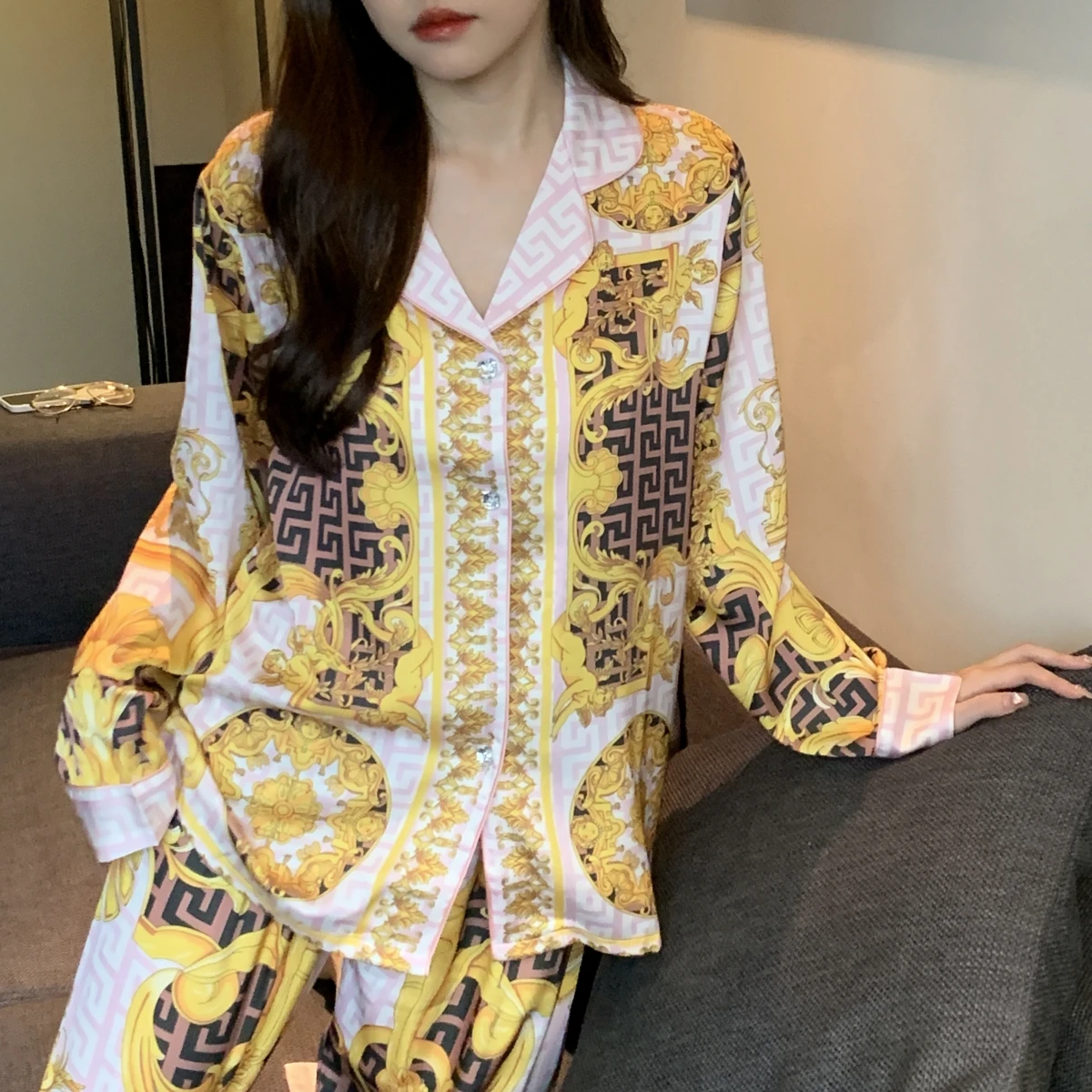 

QSROCIO Women's Spring Autumn Silk Like Pajamas Long Sleeve Pajamas Homewear Set Fashion Leopard Print Luxury Sleepwear
