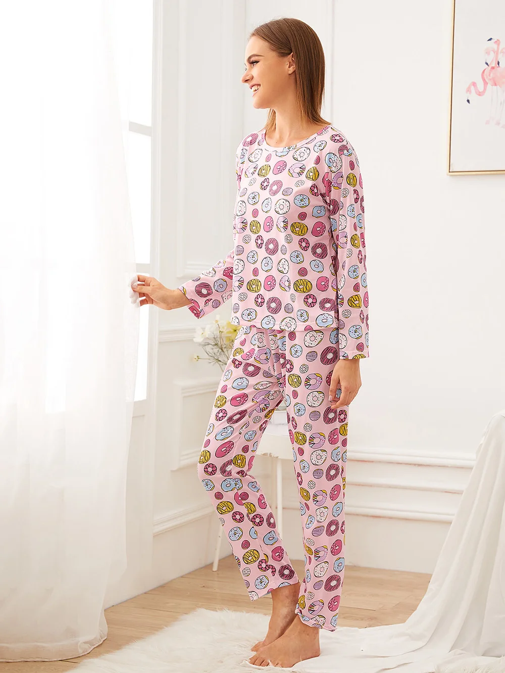Women's Cute Cartoon Graphics Doughnut Print Pajama Set Round Neck Long Sleeve and Pants Sleepwear Comfortable Leisure Homewear