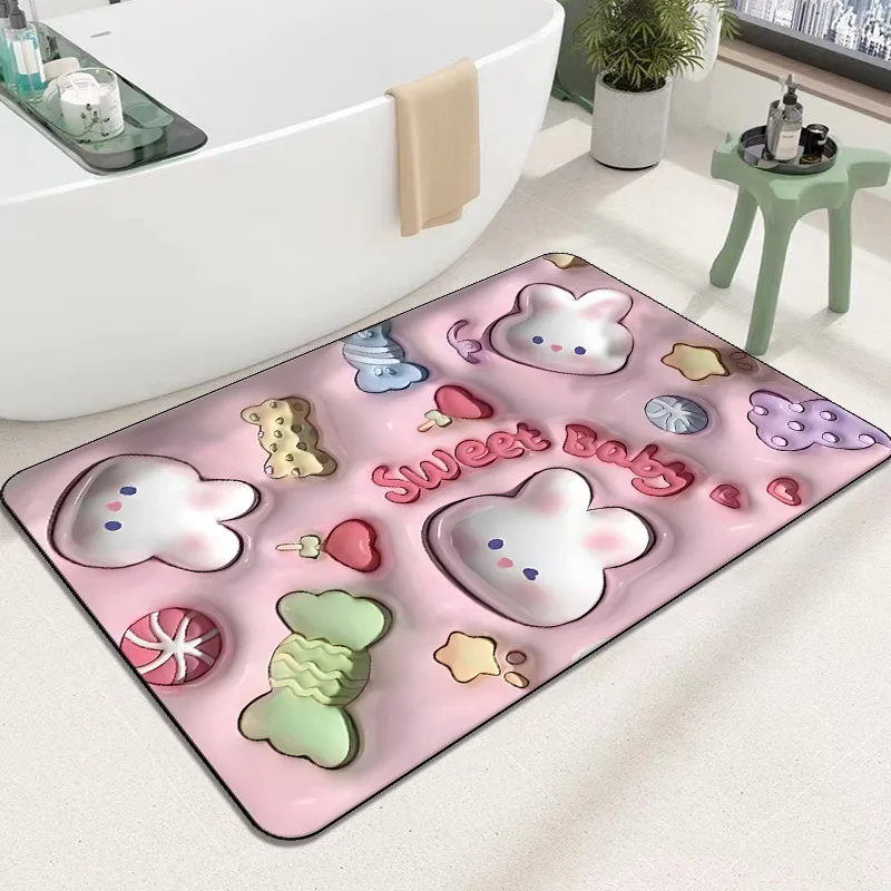 

Pink Rabbit Bath Mat Diatom Mud Absorbent Bathroom Mat Quick Dry Toilet Bath Rug Checkerboard Stereovision 3D Entrance Doormat