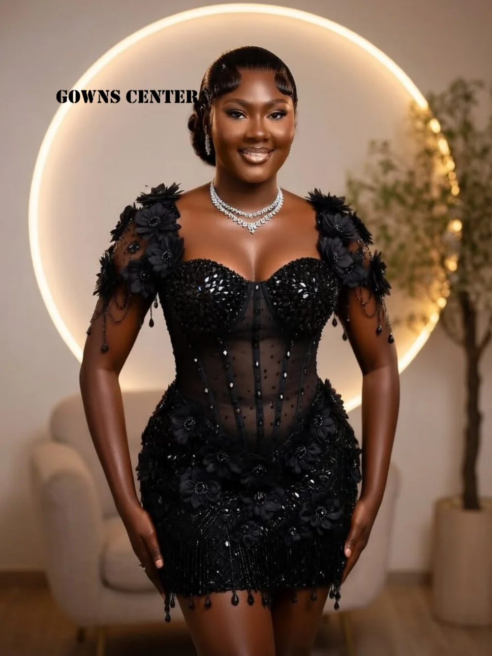 Фото Черное выпускное платье Aso Ebi с короткими рукавами для темнокожих девушек, коктейльное платье с кружевными цветами, платье на день рождения с бисером и стразами, на заказ №1