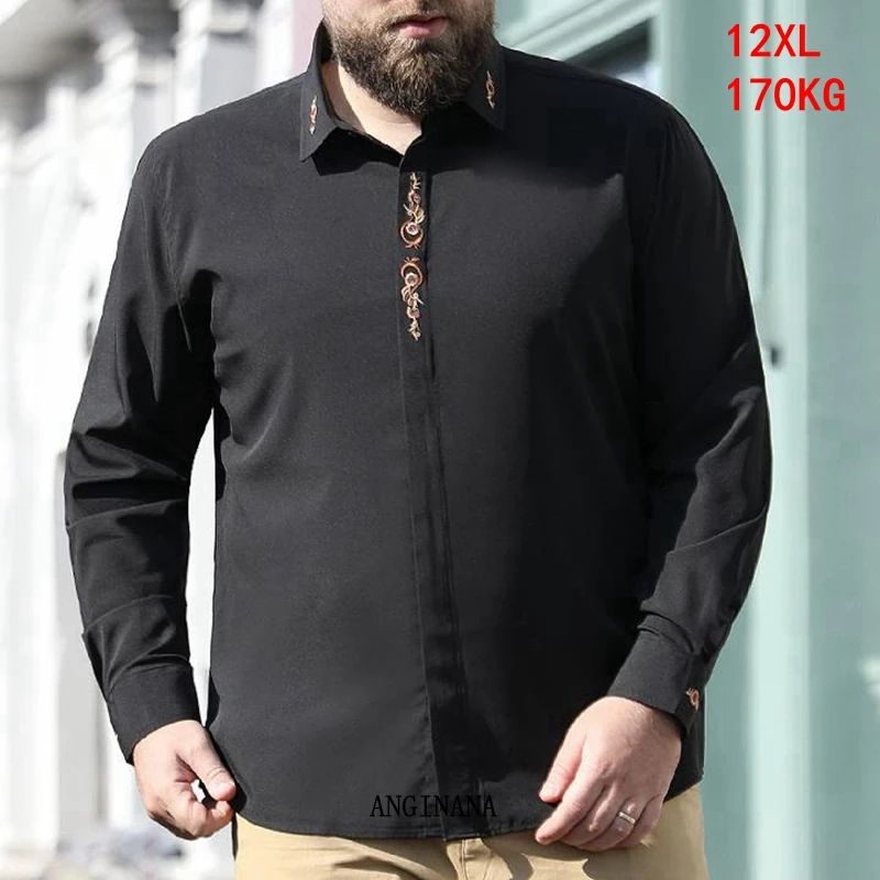 Plus size 12xl 170kg men's long sleeve oversized shirt large 10xl 9xl 8xl business spring Lapel shirt dark blue red white black